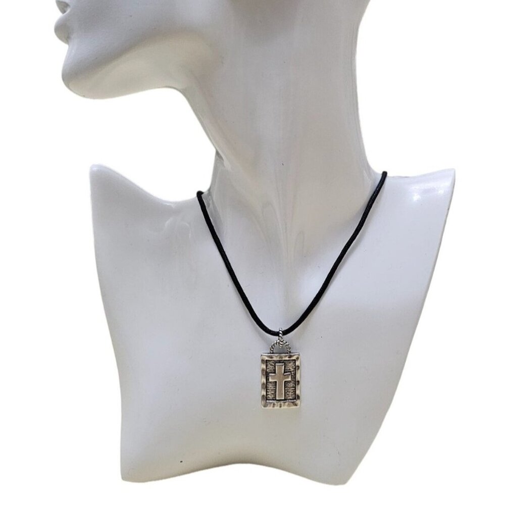 Halle Joy Embrace‎ Cross Pendant Necklace Metal & Leather Black & Silver